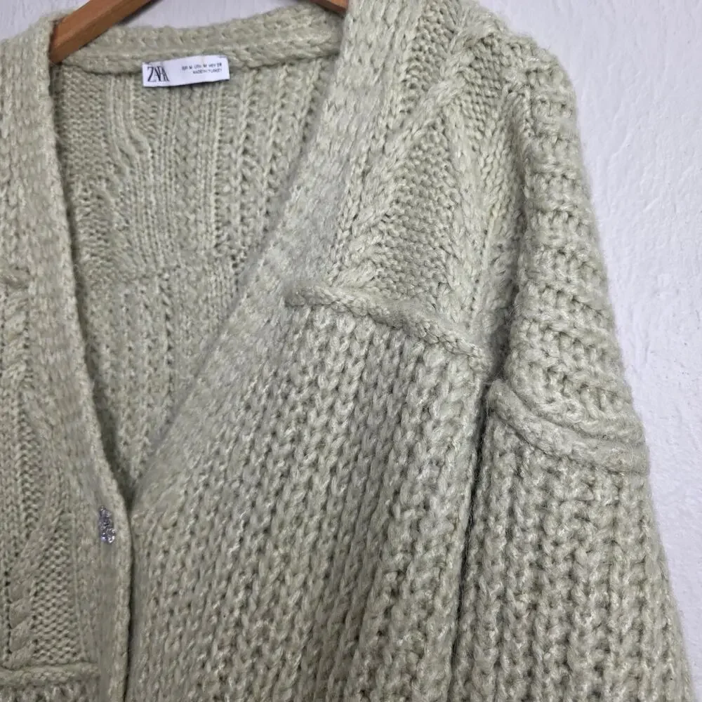 Zara Jeweled Button Chunky Knit Cardigan Blogger Favorite Sage Medium